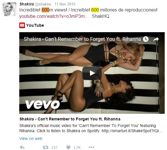 600 million views shakira - rihana can't remember for forget you (2)